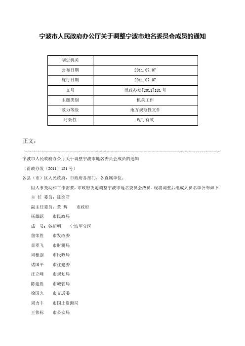 宁波市人民政府办公厅关于调整宁波市地名委员会成员的通知-甬政办发[2011]181号