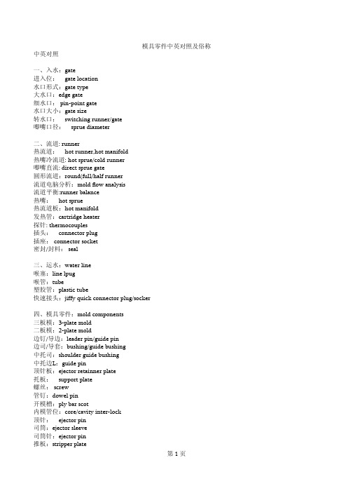 模具零件中英对照及俗称