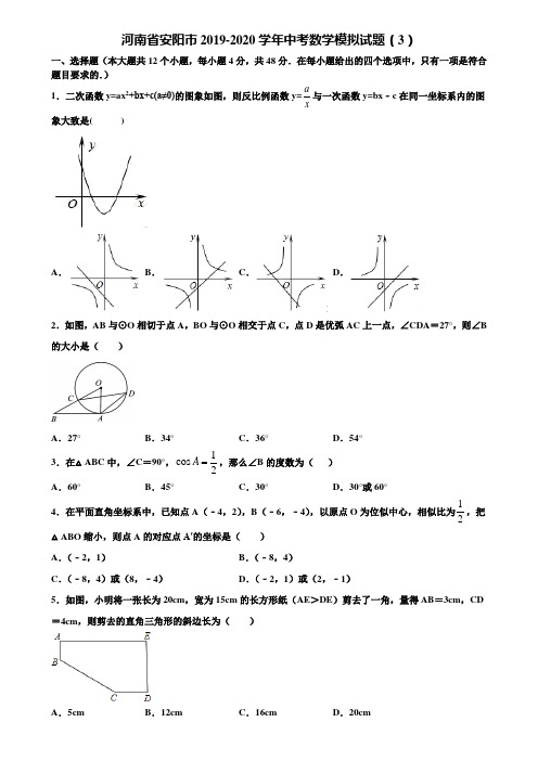 河南省安阳市2019-2020学年中考数学模拟试题(3)含解析