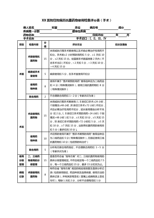 住院病历抗菌药物使用检查评分表(手术)