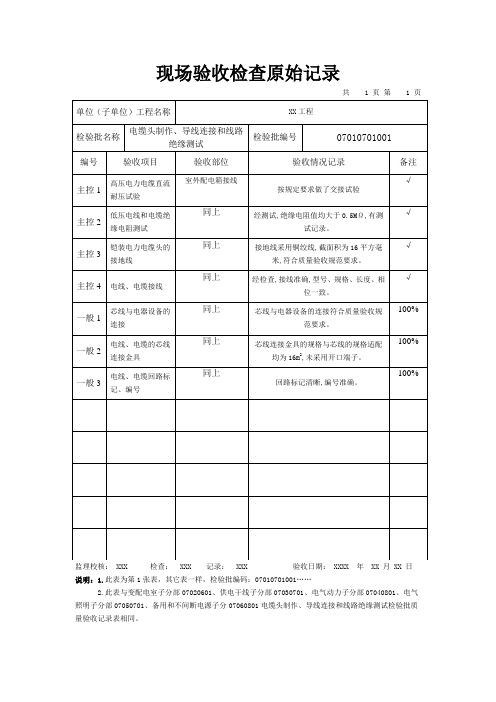 电缆头制作、导线连接和线路绝缘测试原始记录