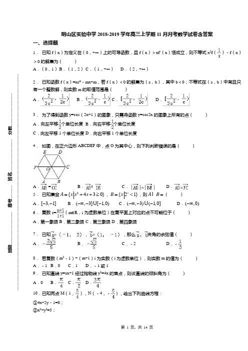 明山区实验中学2018-2019学年高三上学期11月月考数学试卷含答案