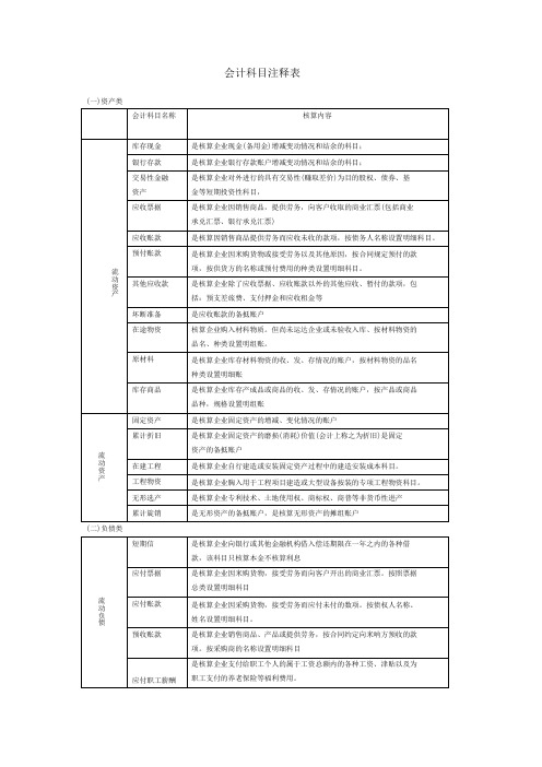 会计科目注释表