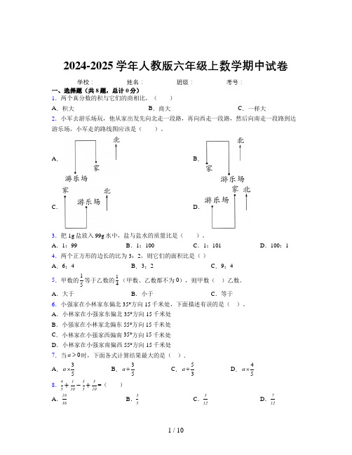 2024-2025学年六年级上册数学期中试卷及详细答案解析8336