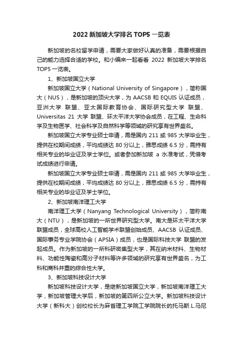 2022新加坡大学排名TOP5一览表