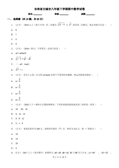 吉林省白城市八年级下学期期中数学试卷