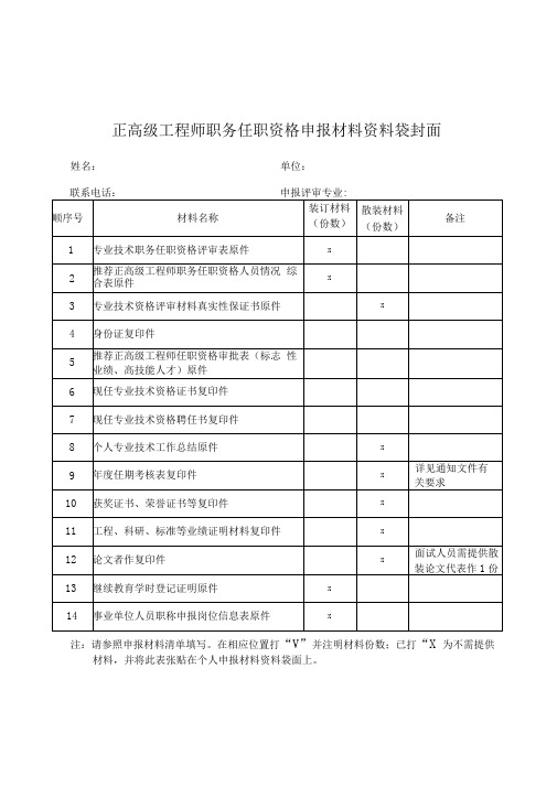 正高级工程师职务任职资格申报材料资料袋封面