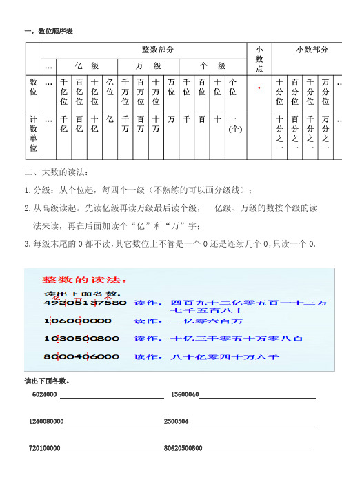 一。大数的读写方法及练习题