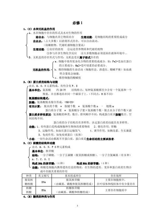 高中学业水平考试生物必修1分子与细胞模块知识点整理归纳