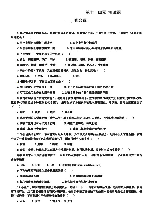 人教版九年级化学下册：第11单元-盐、化肥-单元测试(2)(含答案)