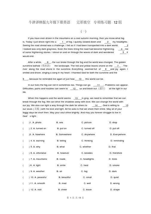 牛津译林版九年级下册英语完形填空专项练习题12组(含答案)