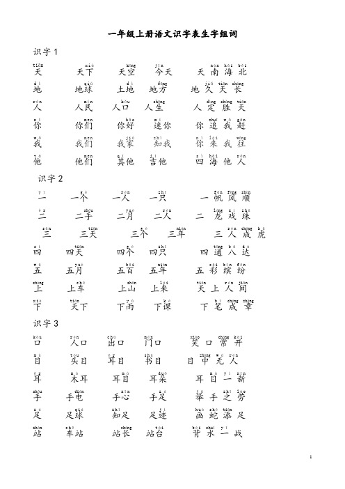 部编本一年级上册语文识字表组词