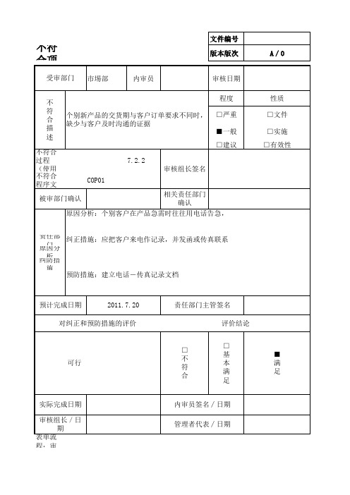 内审不符合格项报告表