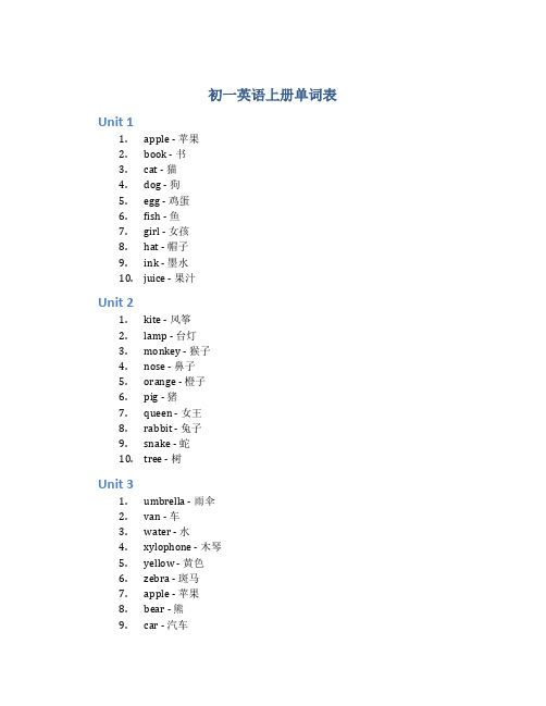 初一英语上册单词表