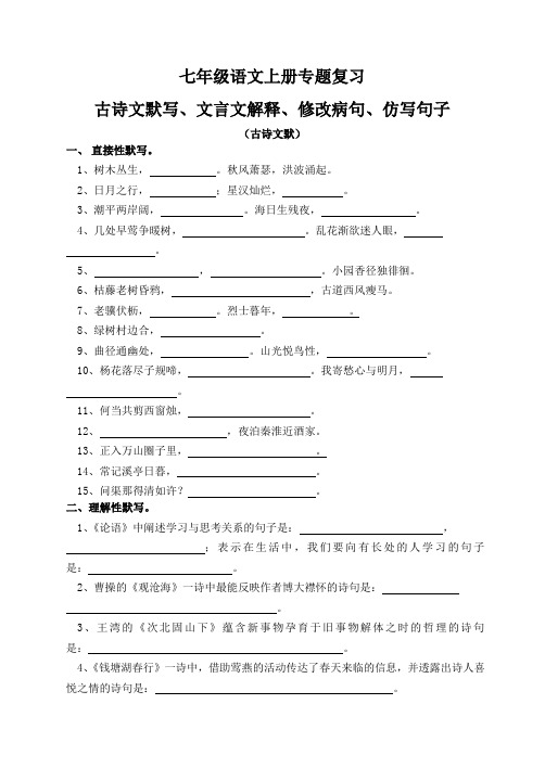 七年级语文上册专题复习(古诗文默写、文言文解释、修改病句、仿写句子)含答案