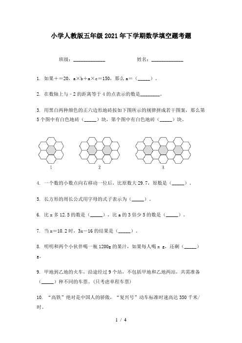 小学人教版五年级2021年下学期数学填空题考题