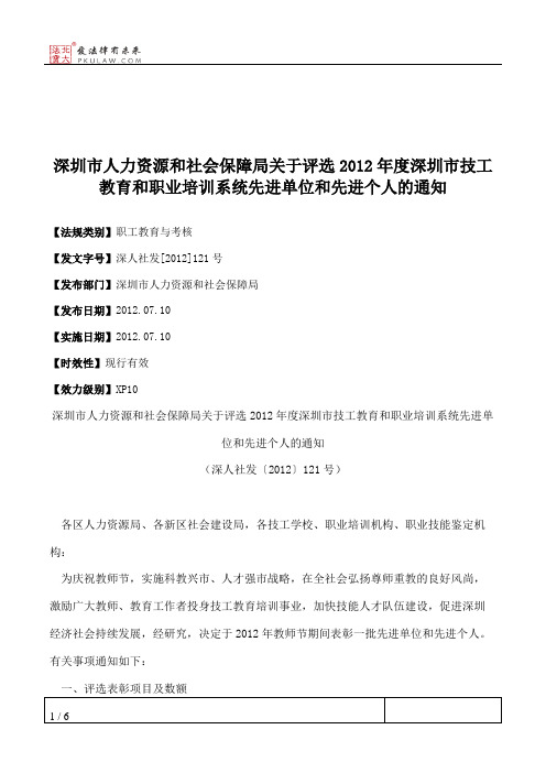 深圳市人力资源和社会保障局关于评选2012年度深圳市技工教育和职