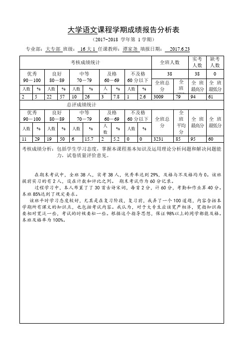 语文课程学期成绩报告分析表(谭家尧)