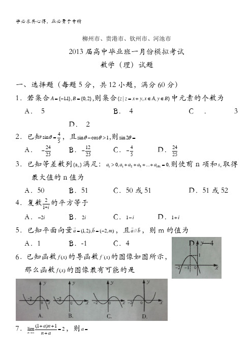 广西柳州市、贵港市、钦州市、河池市高三月份模拟数学理试题含答案