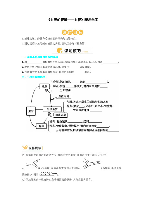 人教版七年级生物下册 《血流的管道——血管》精品学案