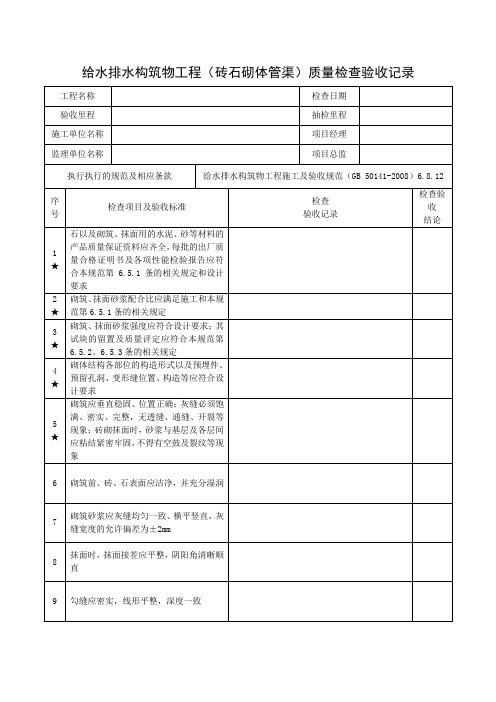 给水排水构筑物工程(砖石砌体管渠)质量检查验收记录