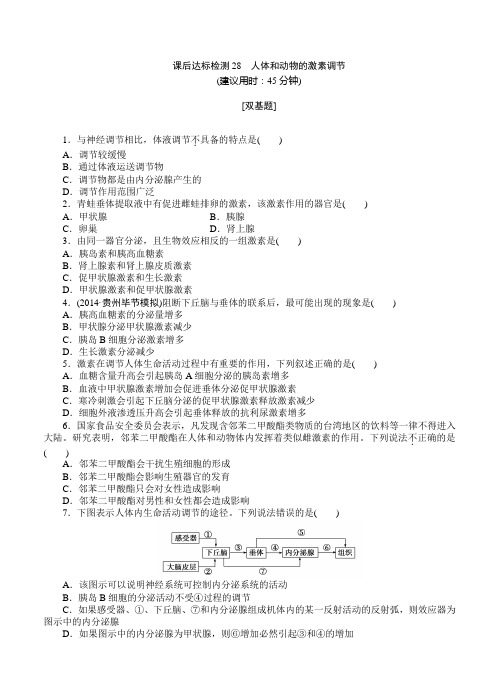 2015届《优化方案》高考生物(苏教版)一轮课后达标检测28 人体和动物的激素调节