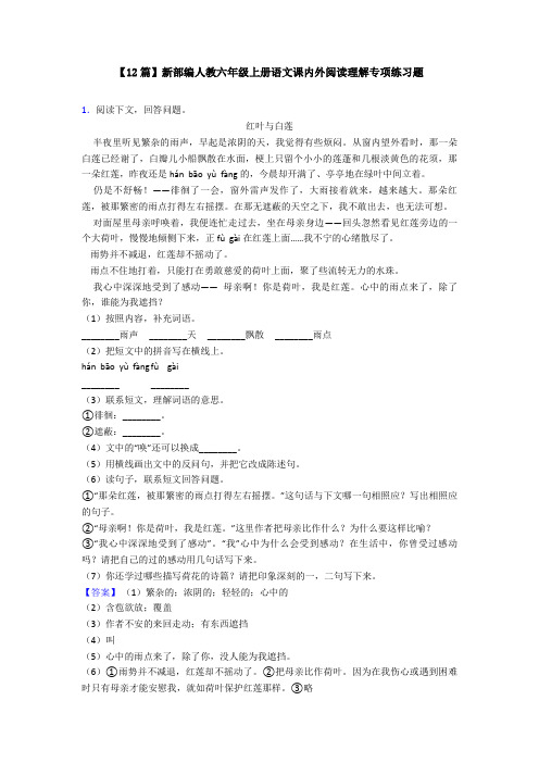 【12篇】新部编人教六年级上册语文课内外阅读理解专项练习题
