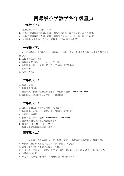 西师版小学数学各年级重点