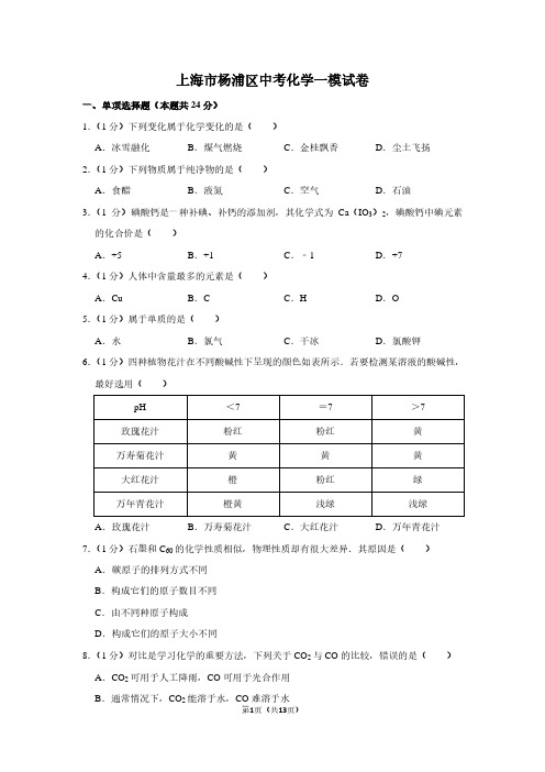 上海市杨浦区中考化学一模试卷 (2)