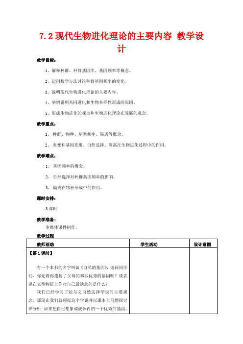 高中生物 7.2《现代生物进化的主要内容》教学设计 新人教版必修2-新人教版高一必修2生物教案