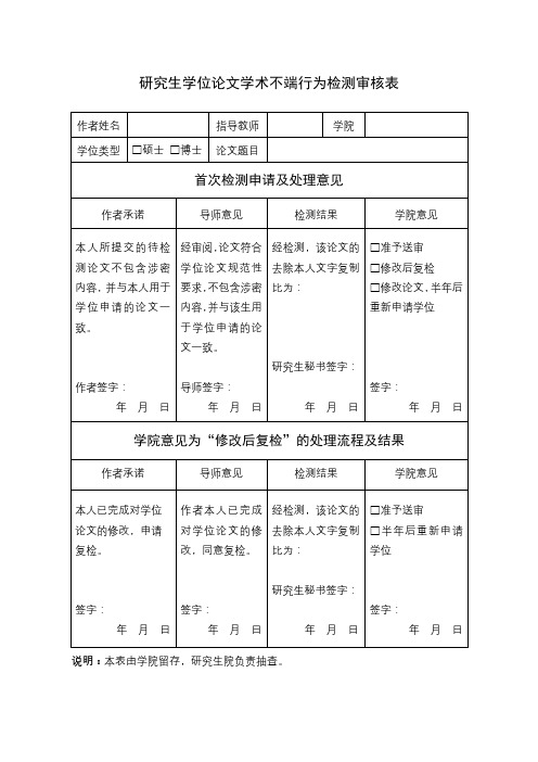 研究生学位论文学术不端行为检测审核表【模板】