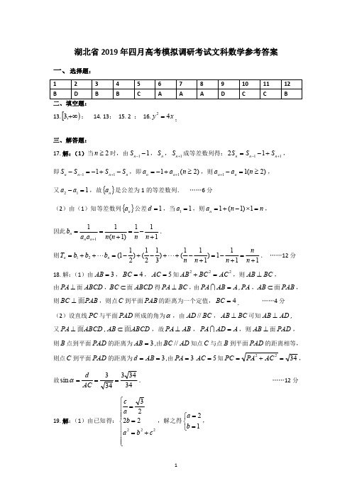 湖北省2019年四月高考模拟调考文数答案