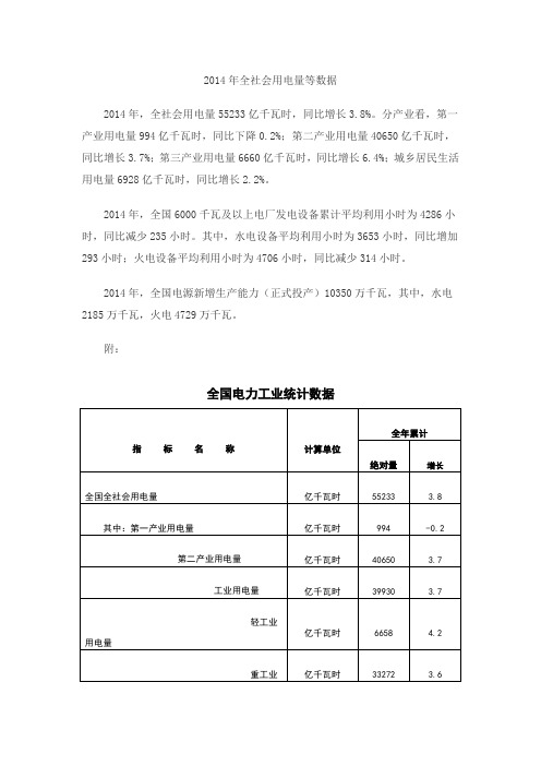 2014年全社会用电量等数据