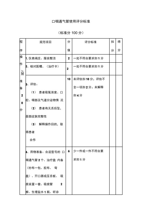 口咽通气管使用评分标准