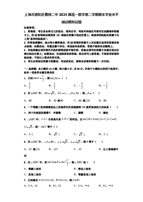 上海市普陀区曹杨二中2024届高一数学第二学期期末学业水平测试模拟试题含解析