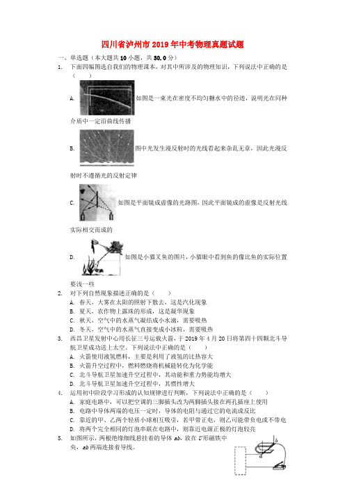 四川省泸州市2019年中考物理真题试题