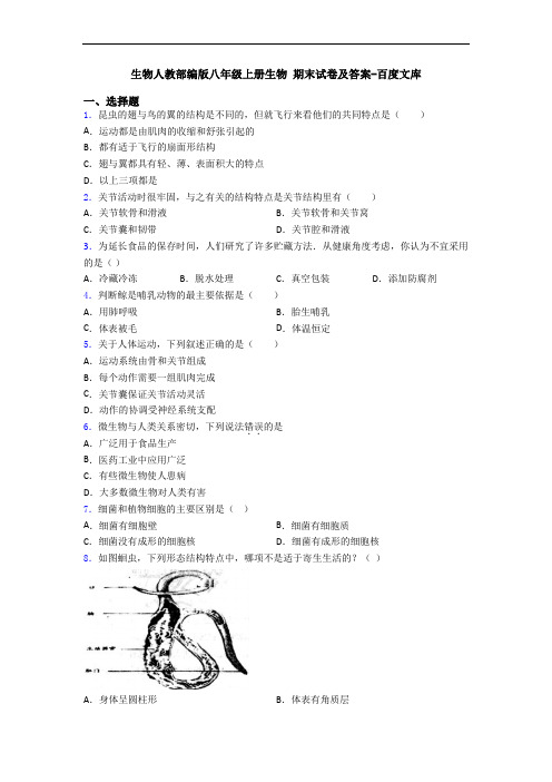 生物人教部编版八年级上册生物 期末试卷及答案-百度文库