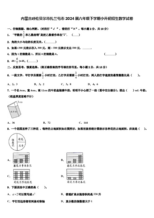 内蒙古呼伦贝尔市扎兰屯市2024届六年级下学期小升初招生数学试卷含解析