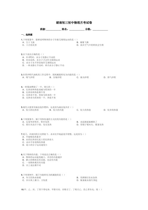 湖南初三初中物理月考试卷带答案解析
