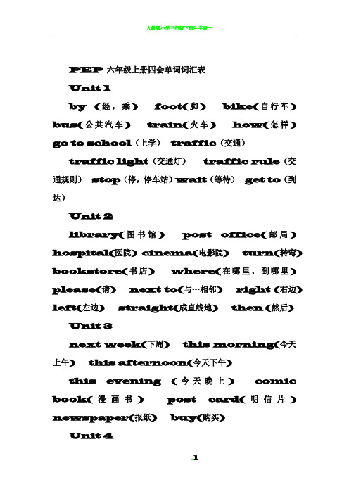 人教版小学英语六年级上册四会单词表