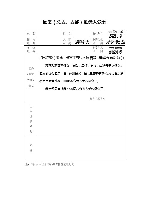 推优入党表格范例