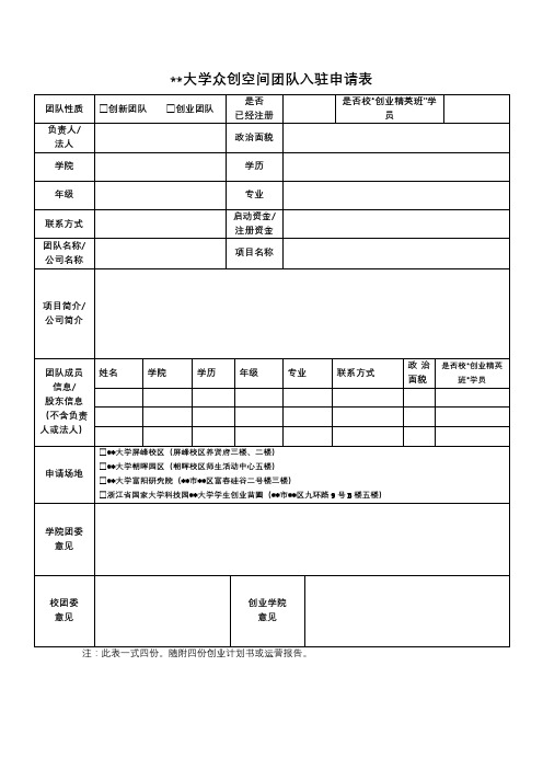 XX大学众创空间团队入驻申请表【模板】