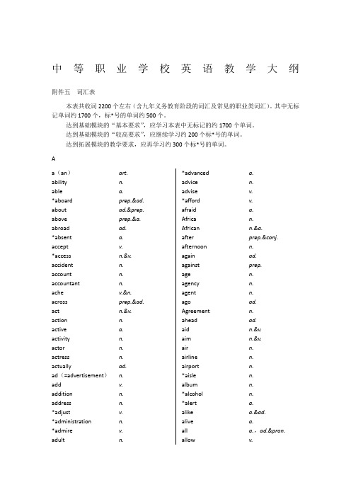 中等职业学校英语教学大纲附件五:词汇表