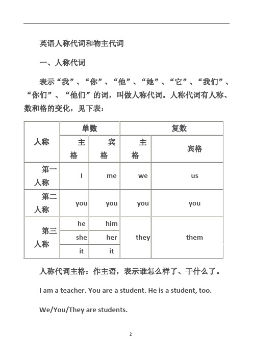 小学人称代词和物主代词表格