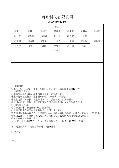 车间5S值日表