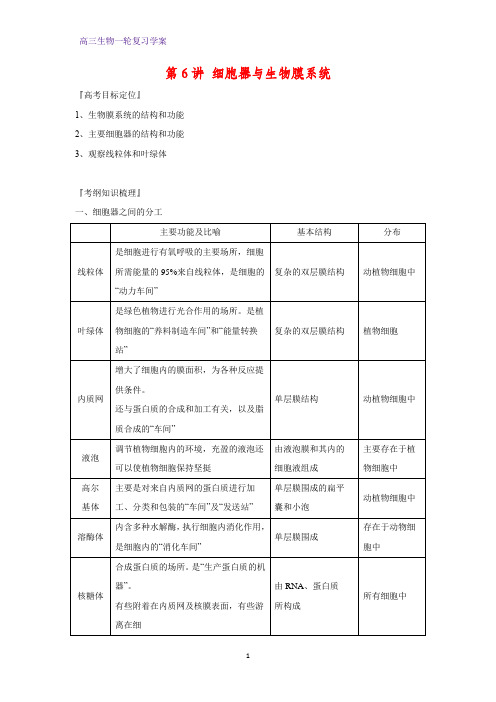 高三生物一轮复习精品学案3：第6讲 细胞器与生物膜系统