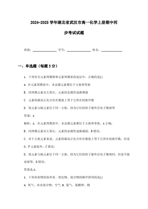 2024-2025学年湖北省武汉市高一化学上册期中同步考试试题及答案