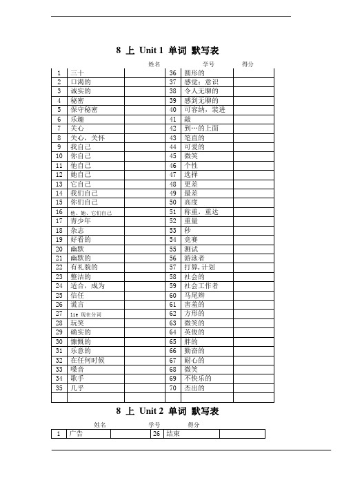 牛津初中英语译林版8A全册单词默写表