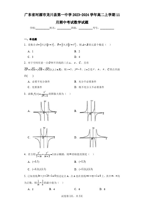 广东省河源市龙川县第一中学2023-2024学年高二上学期11月期中考试数学试题