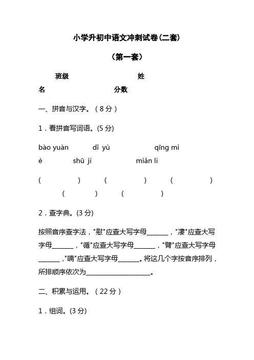 小学升初中语文冲刺试卷(二套)